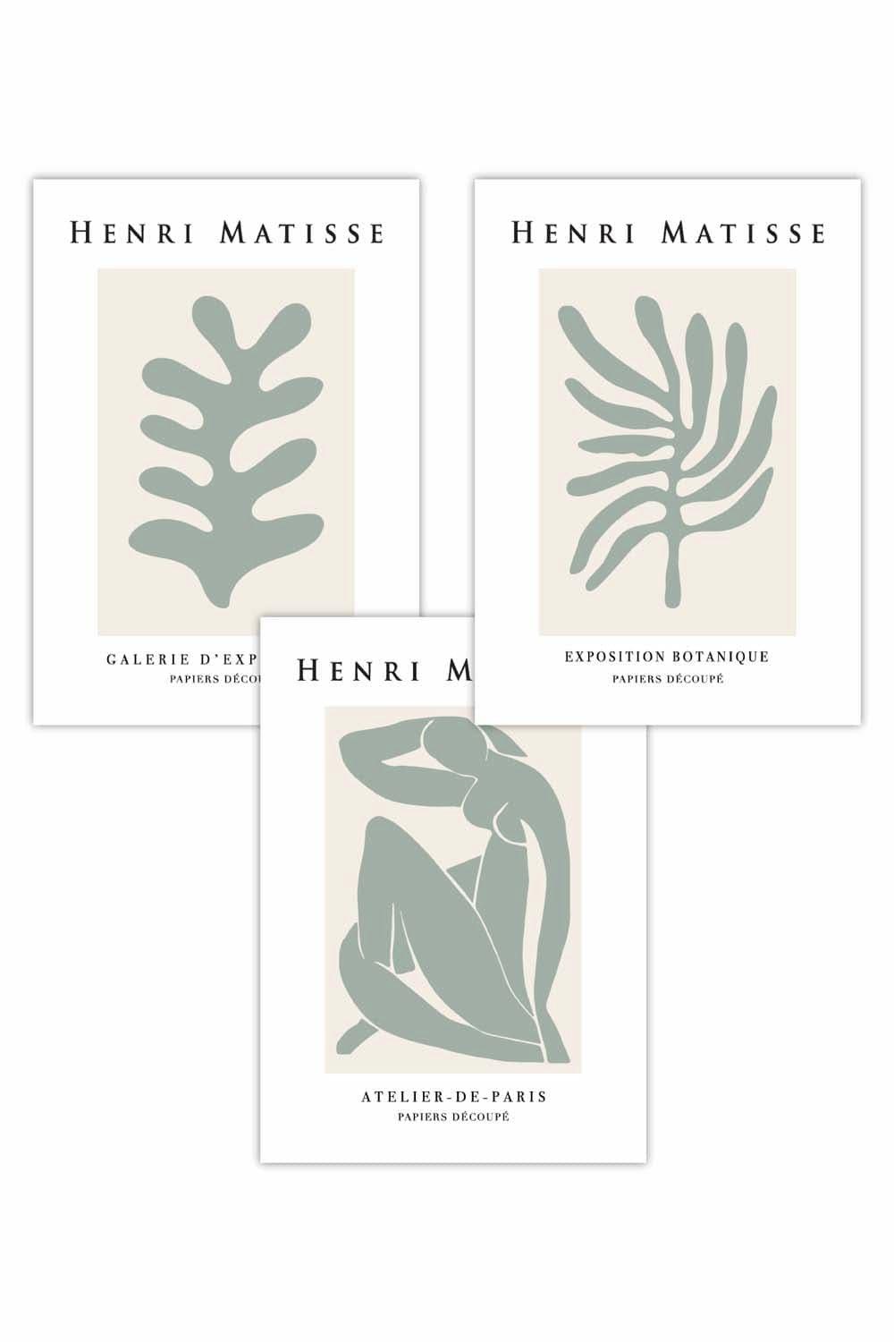 Set of 3 Matisse Floral and Nude in Green & Beige Art Posters
